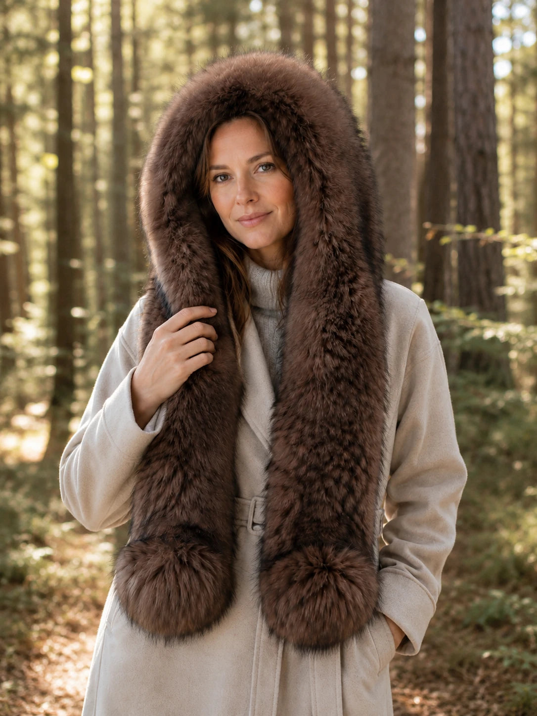 Woman wearing a deep sable brown fox fur hooded scarf in a forest
