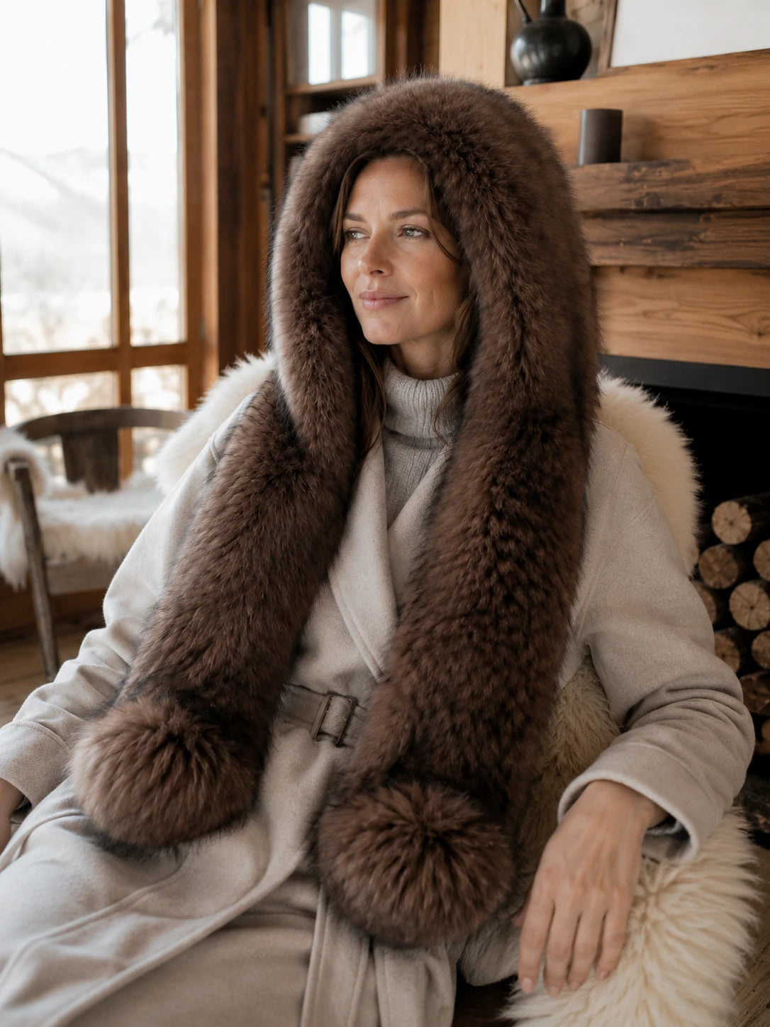Deep sable brown fox fur hooded scarf worn while seated in a cabin