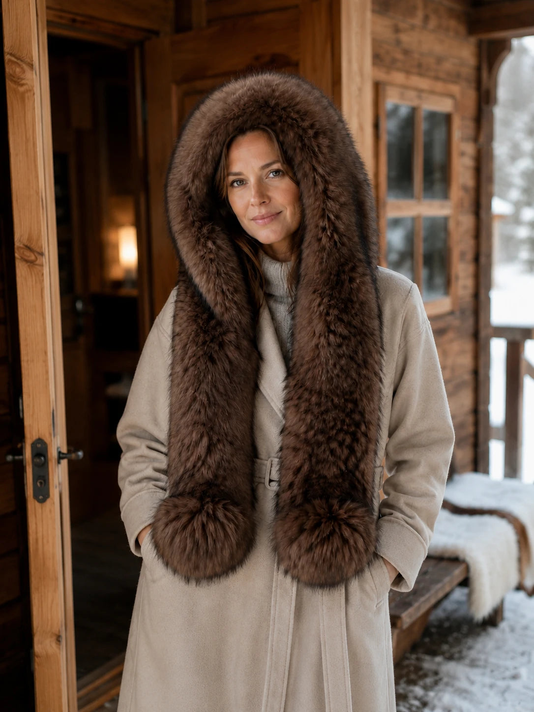 Woman wearing a deep sable brown fox fur hooded scarf outside a snowy cabin
