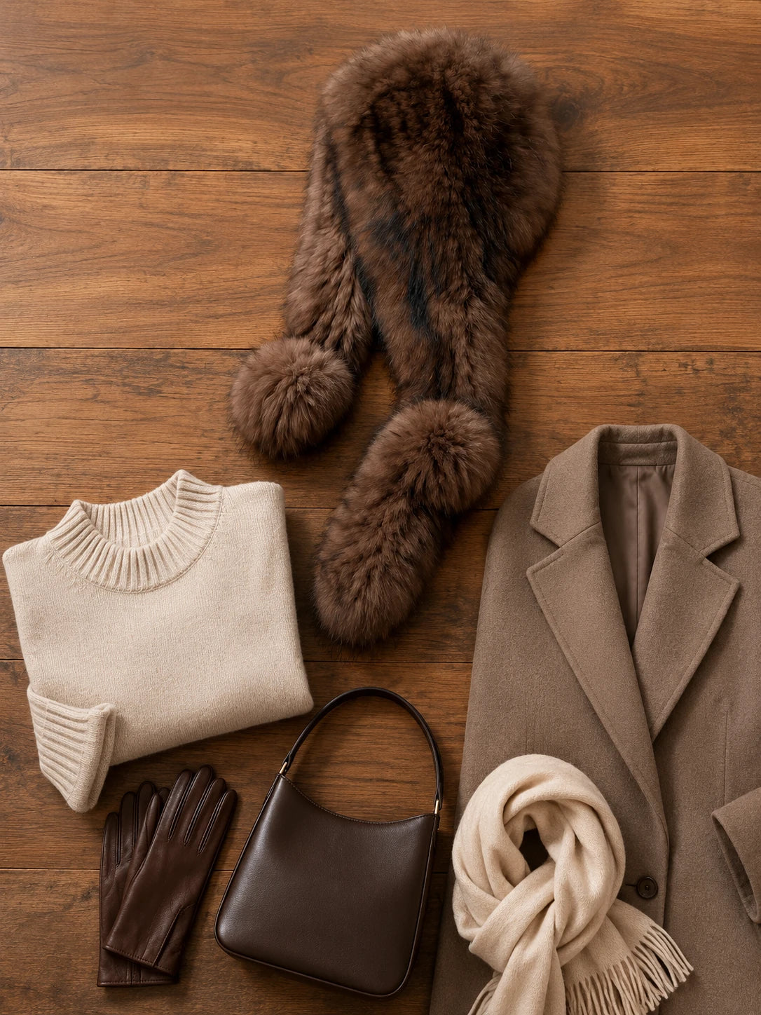 Deep sable brown fox fur hooded scarf styled with neutral winter clothing