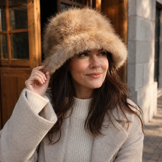 Light Sable Brown genuine sable fur bucket hat worn with winter coat