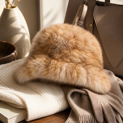 Light Sable Brown genuine sable fur bucket hat styled with winter accessories