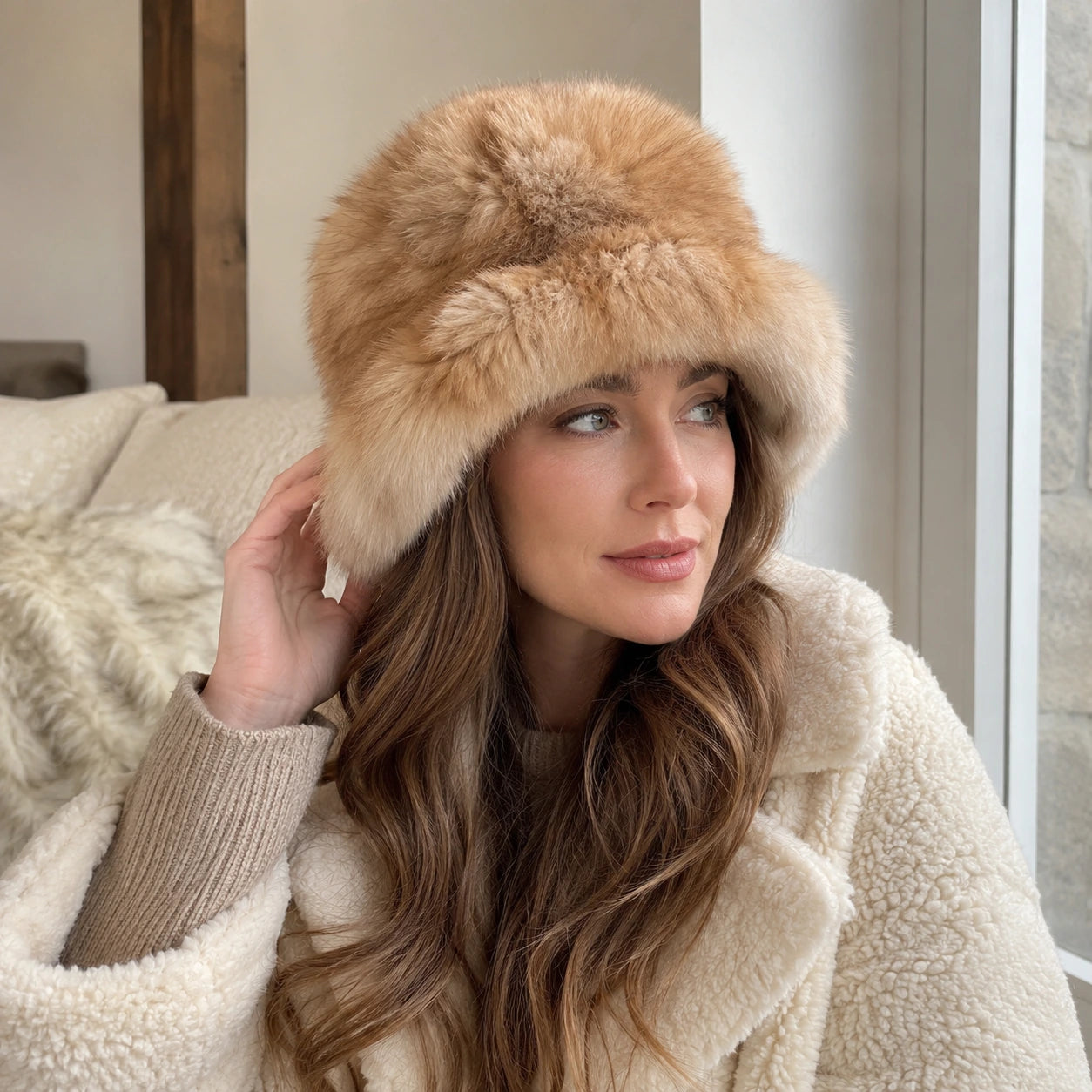 Light Sable Brown genuine sable fur bucket hat side view on model