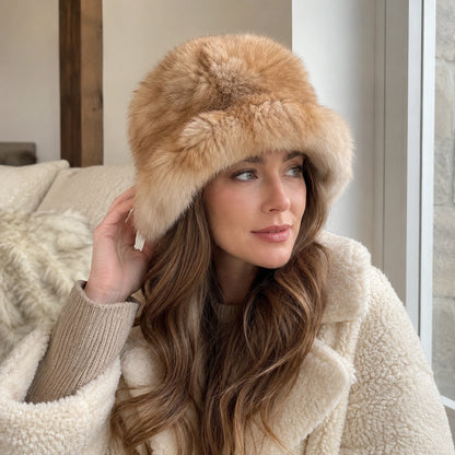 Light Sable Brown genuine sable fur bucket hat side view on model