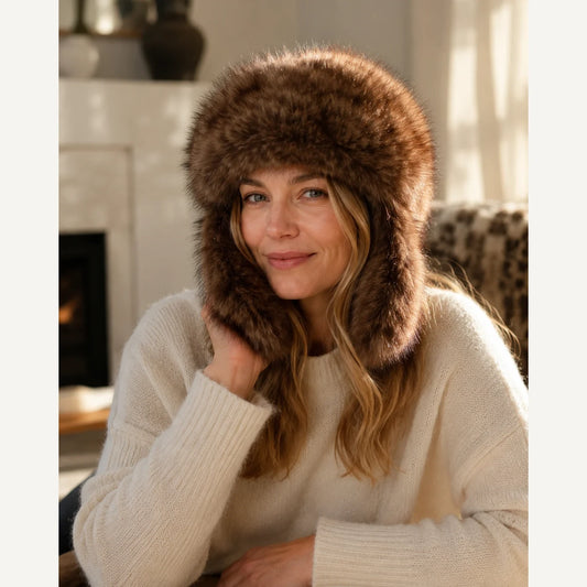 Deep Sable Brown genuine sable fur trapper hat worn by fireplace
