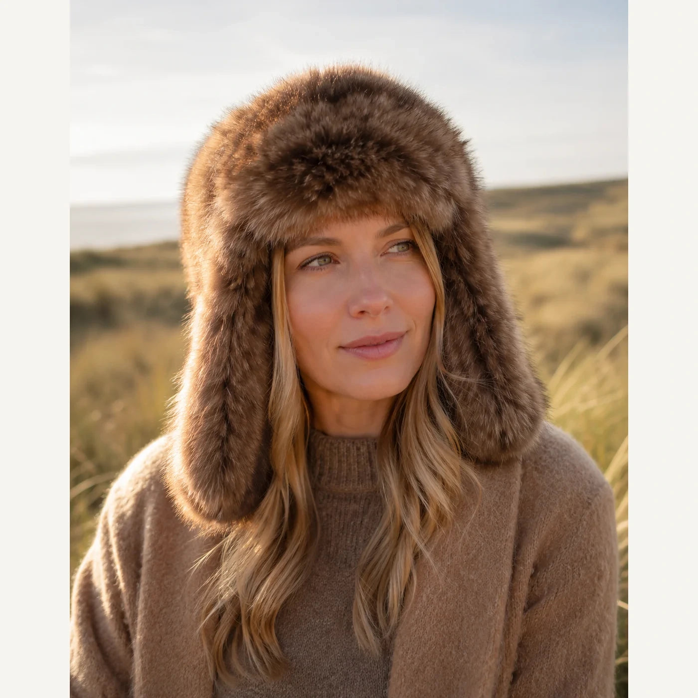 Deep Sable Brown genuine sable fur trapper hat worn outdoors in cold weather