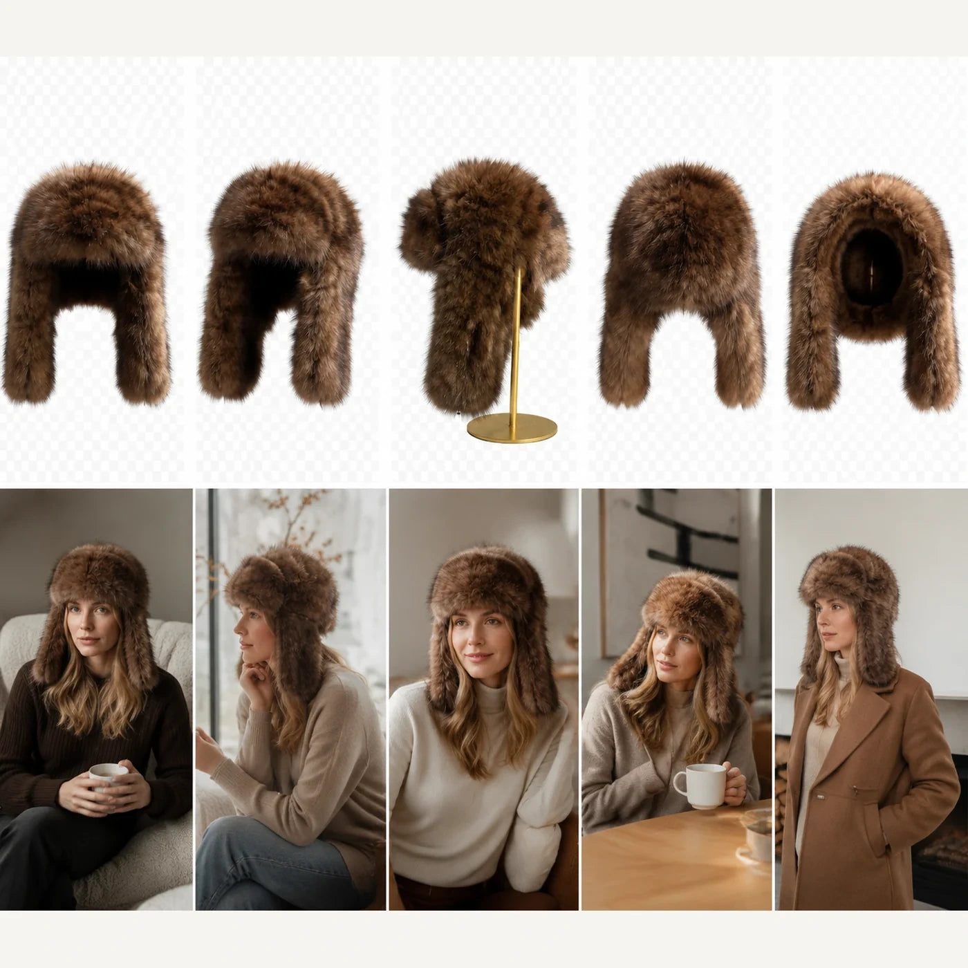 Deep Sable Brown genuine sable fur trapper scarf hat detail views