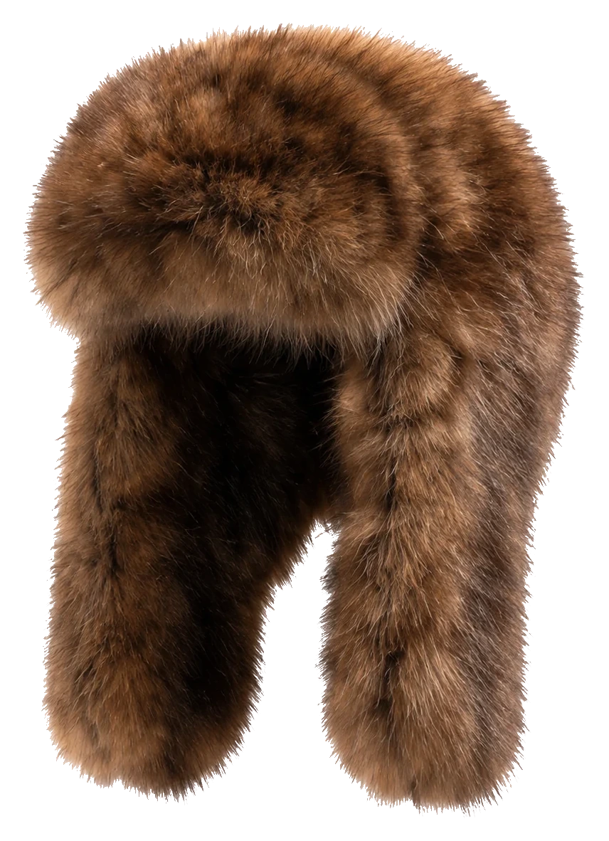 Deep Sable Brown genuine sable fur trapper scarf hat, transparent background
