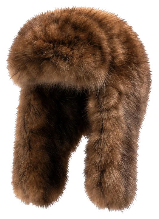 Deep Sable Brown genuine sable fur trapper scarf hat, transparent background