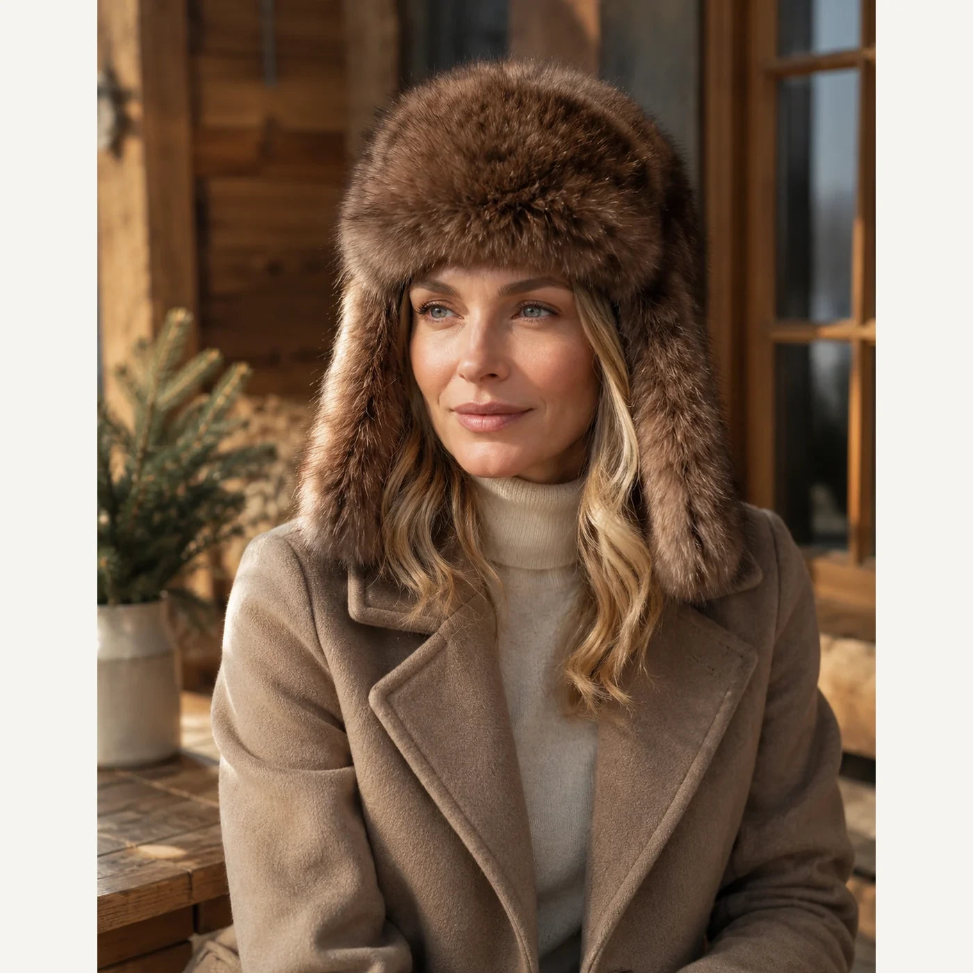 Light Sable Brown genuine sable fur trapper hat worn at cabin