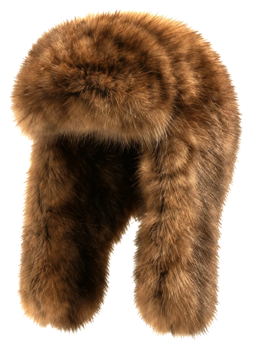 Light Sable Brown genuine sable fur trapper scarf hat, transparent background
