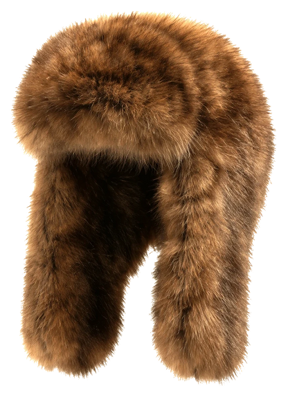 Light Sable Brown genuine sable fur trapper scarf hat, transparent background