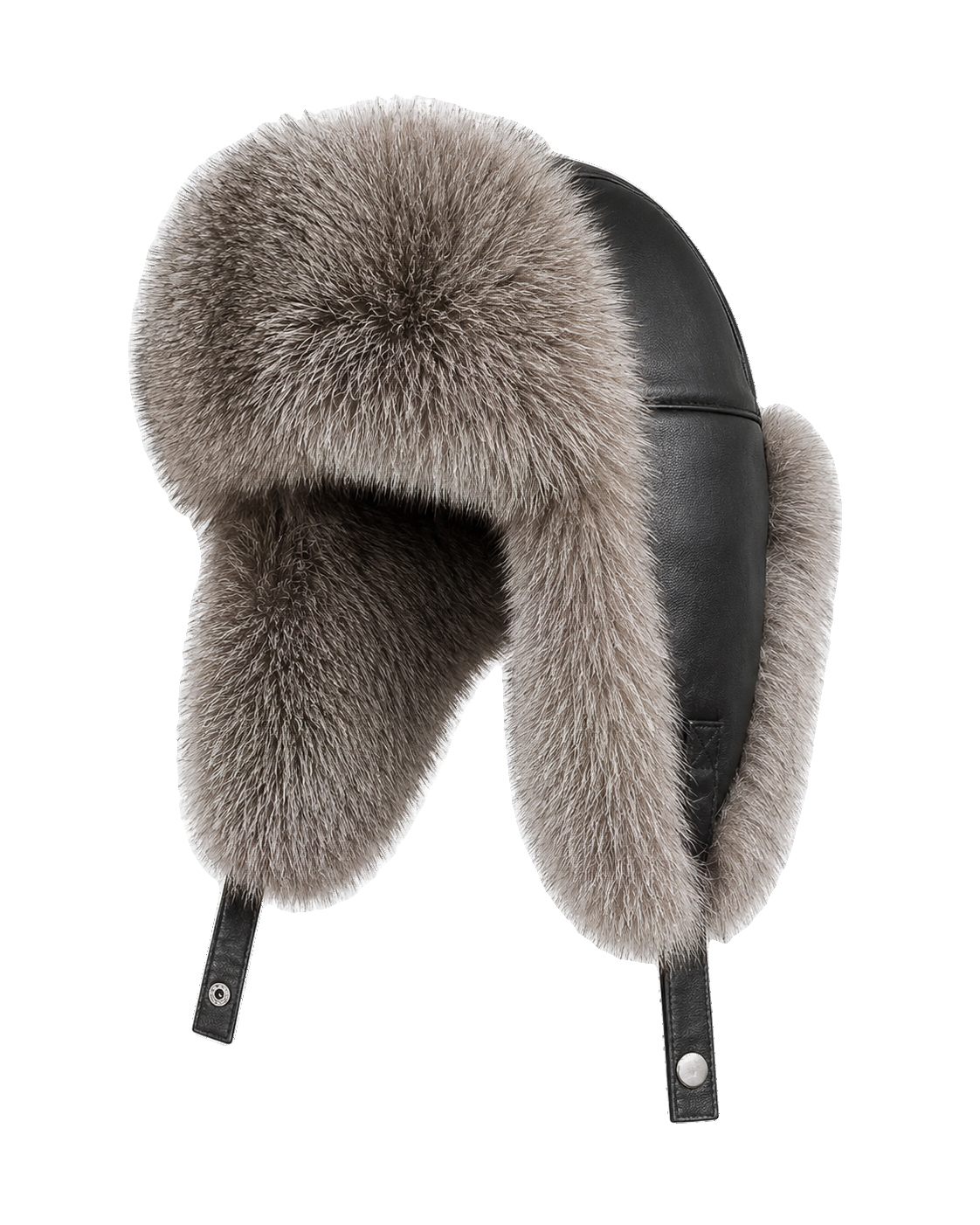 Silver Fox genuine fur and black sheepskin leather ushanka hat, front product view