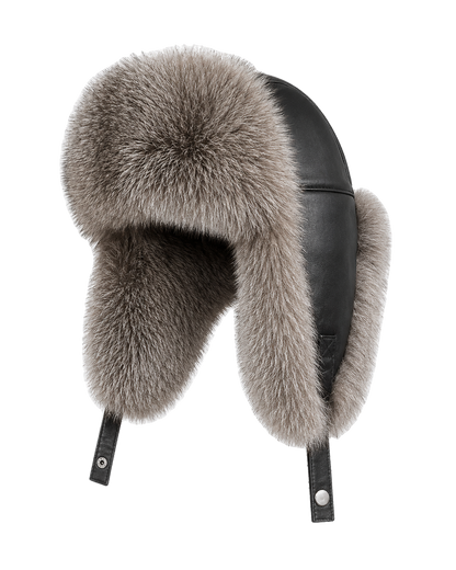 Silver Fox genuine fur and black sheepskin leather ushanka hat, front product view