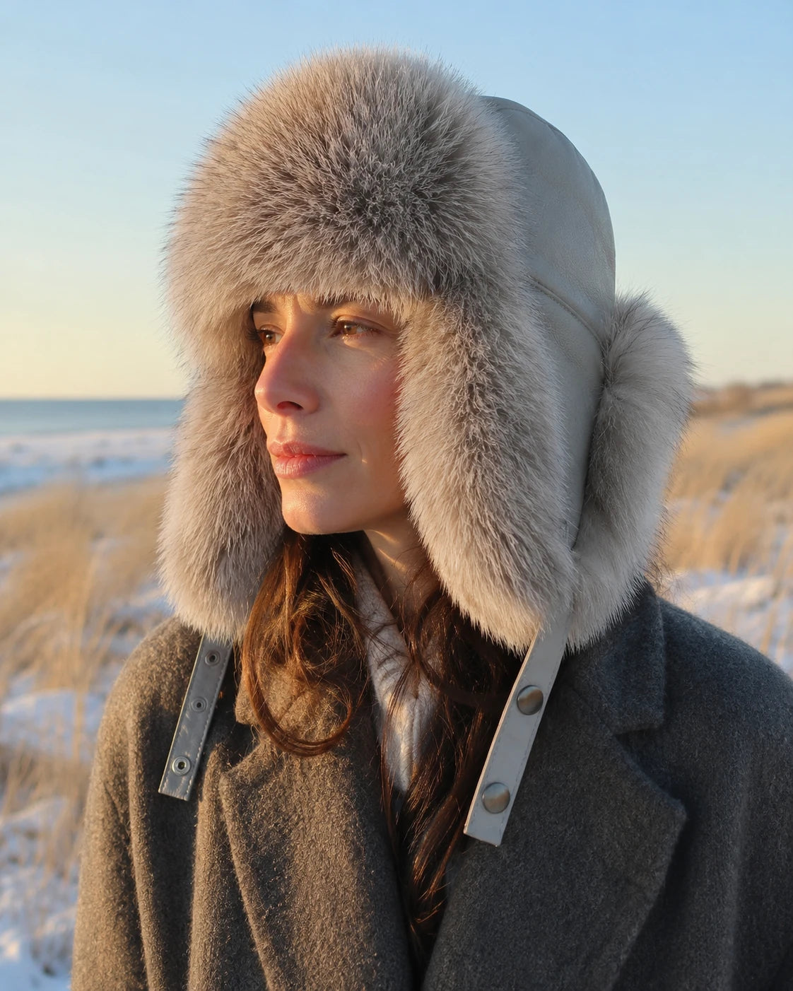 Silver Fox fur and sheepskin leather ushanka worn outdoors in winter