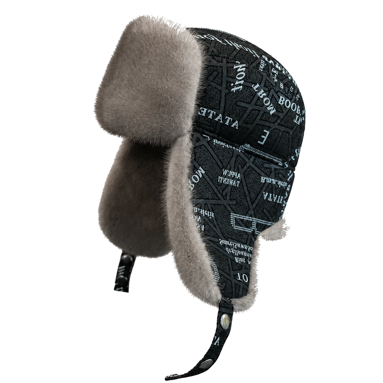 Silver Gray genuine mink fur and printed sheepskin leather trapper hat, side product view