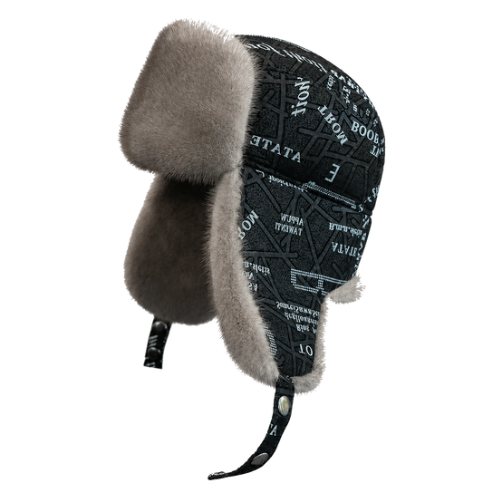 Silver Gray genuine mink fur and printed sheepskin leather trapper hat, side product view