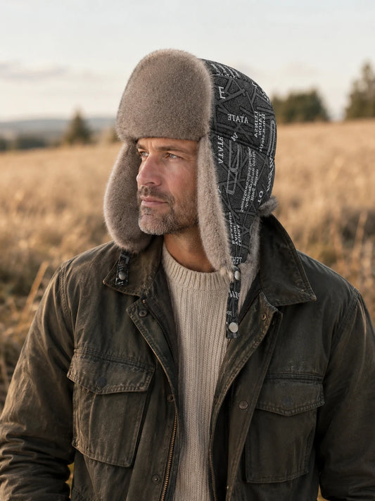 Man wearing the Silver Gray mink fur and sheepskin leather trapper hat in a field