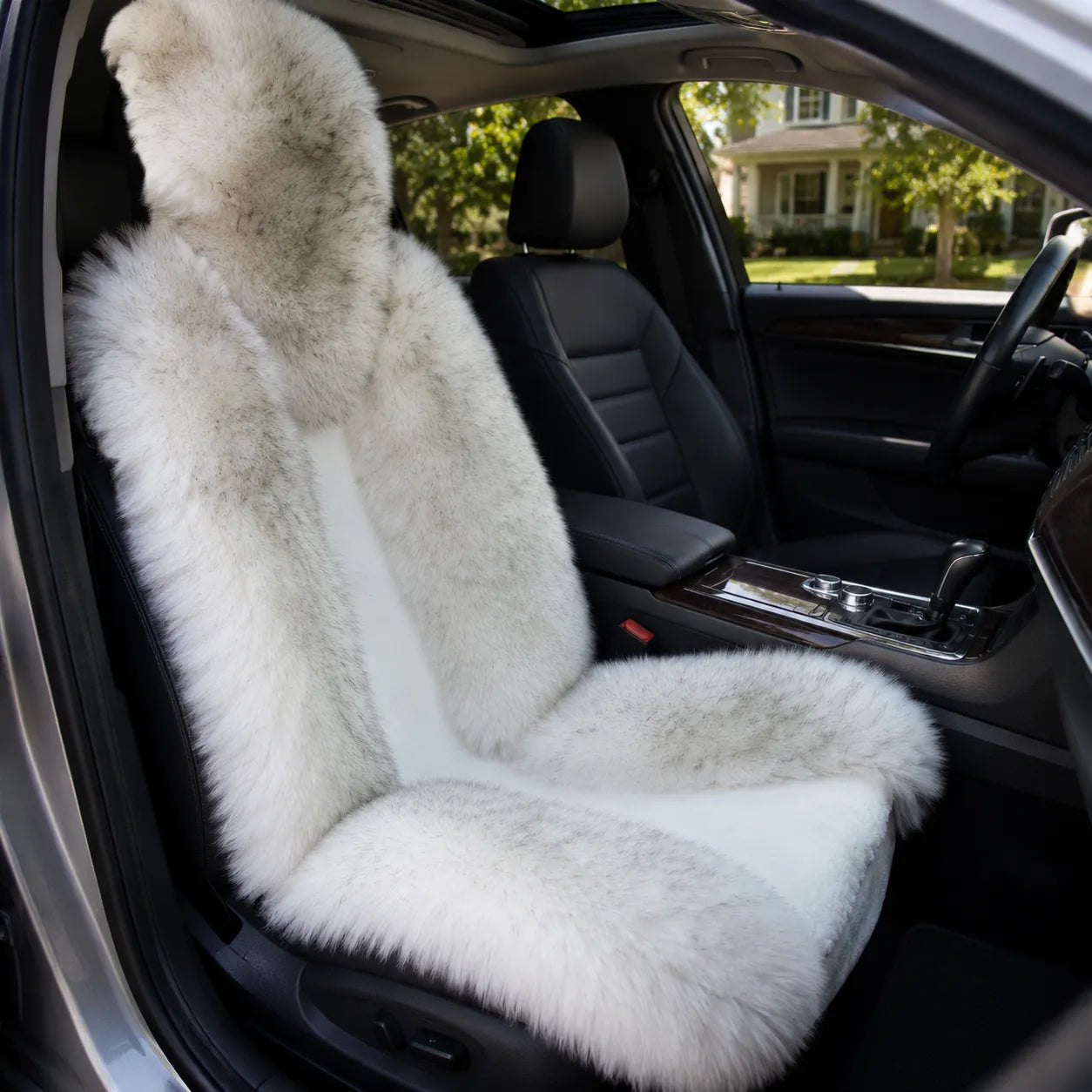 White with Gray Tips genuine Australian sheepskin car seat cover, single seat