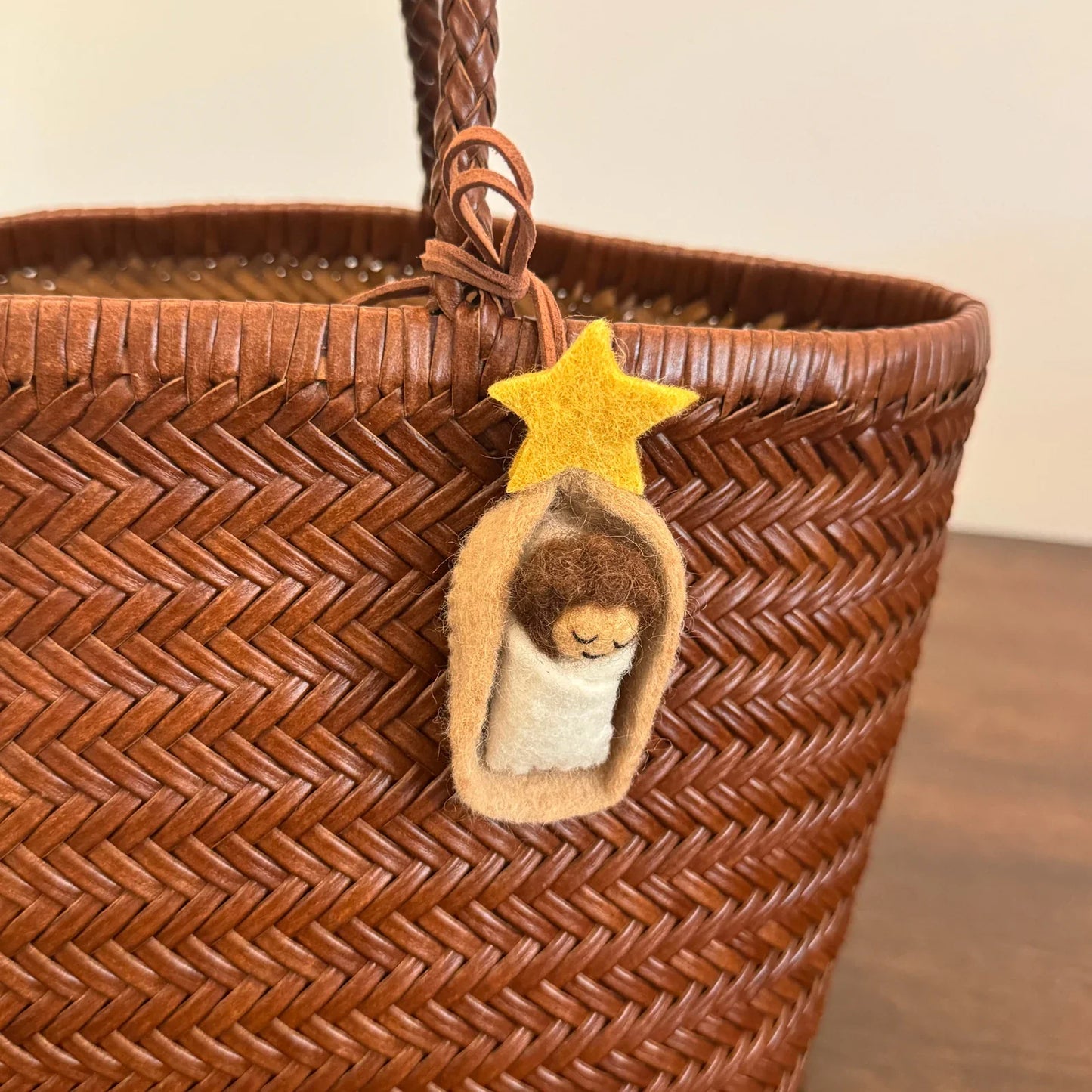 Sleeping Little Prince wool felt bag charm with star and cord loop