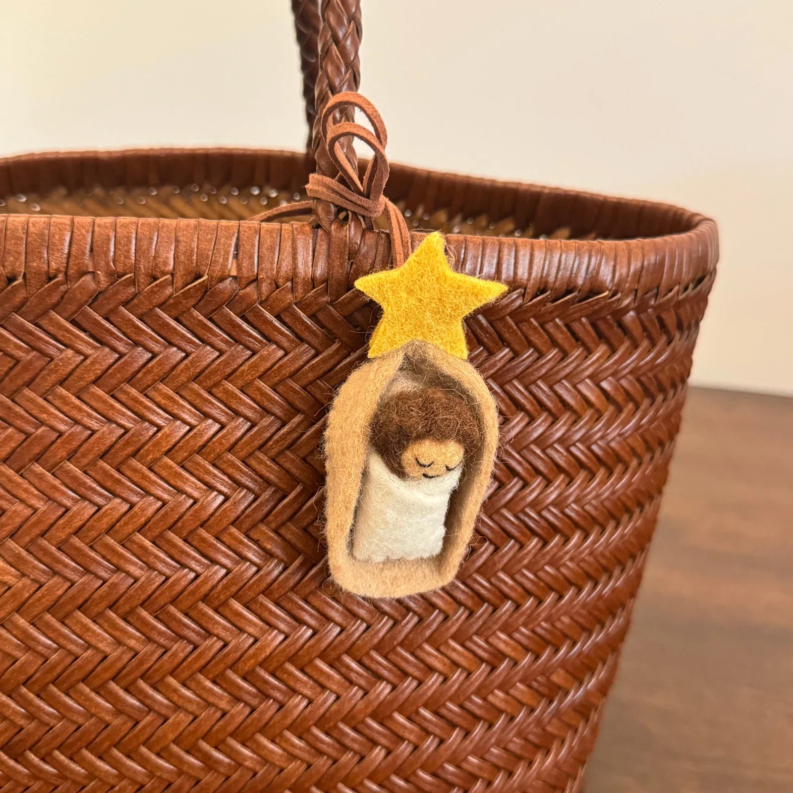 Sleeping Little Prince wool felt bag charm with star and cord loop
