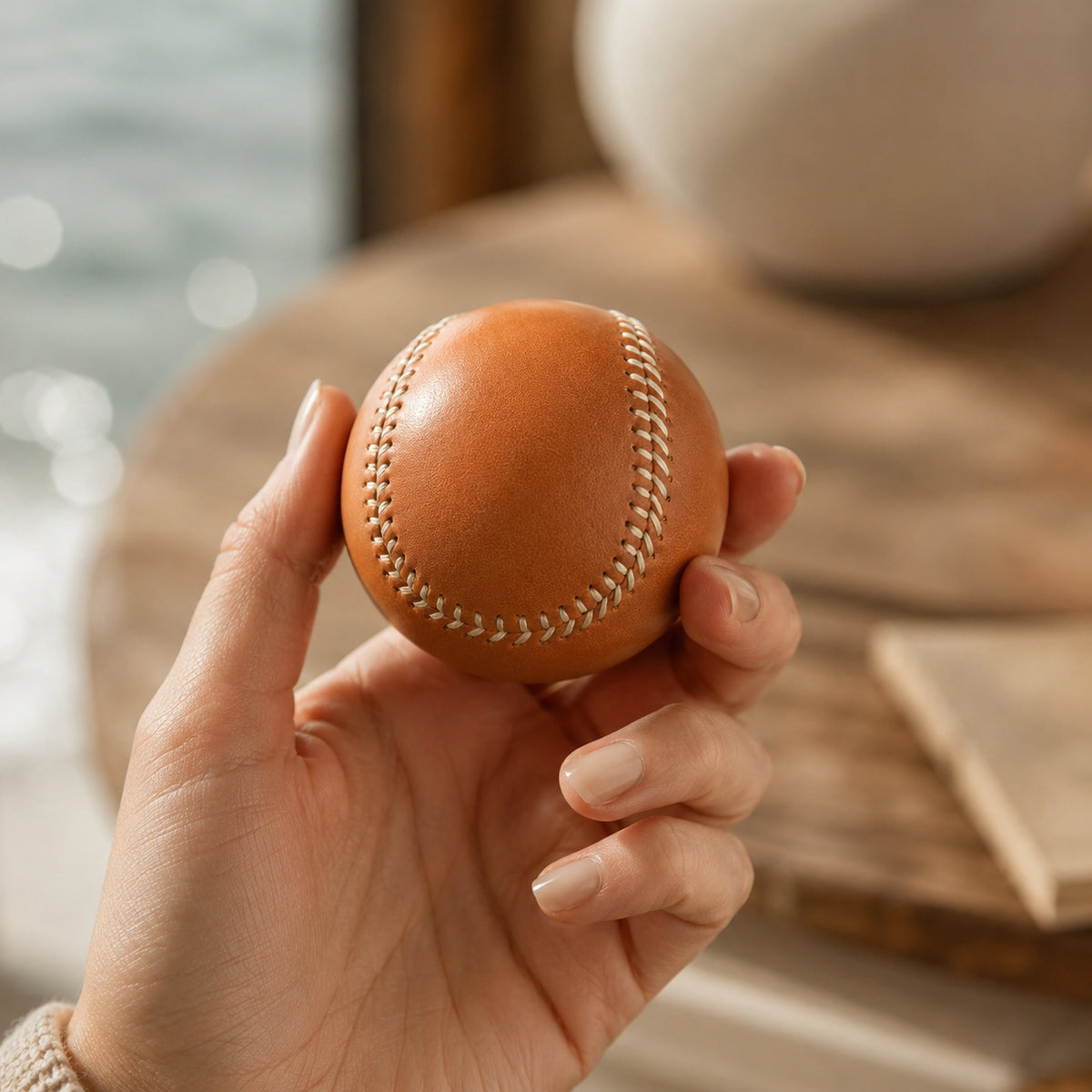 Soft pink leather baseball held in a softly lit interior