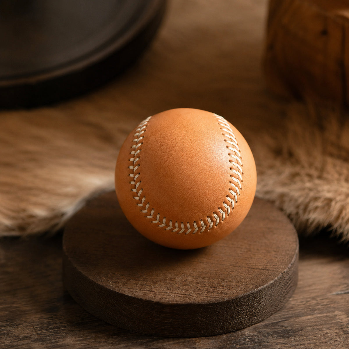 Soft pink leather baseball displayed on a round wood stand