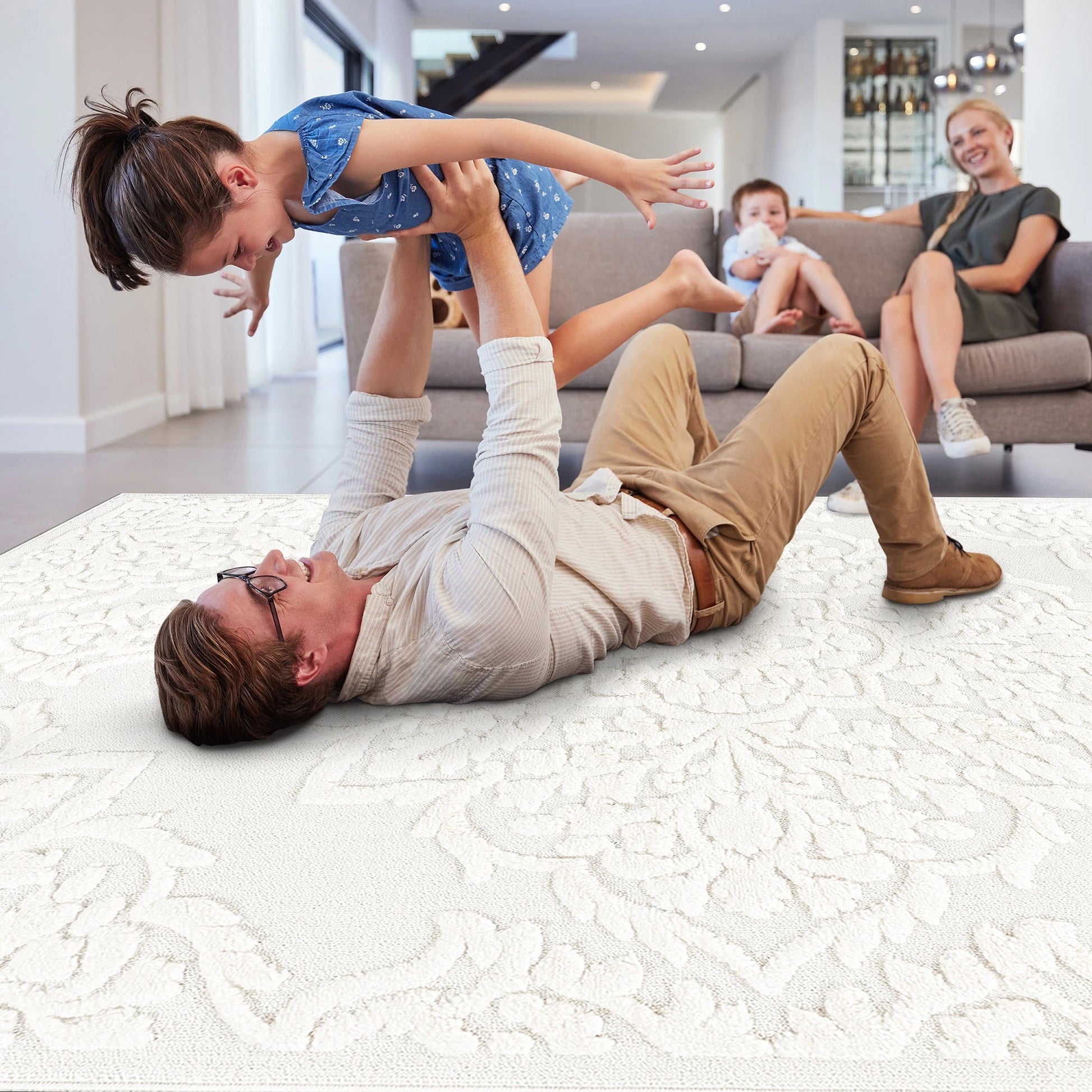 Step Medallion Cream/Cream High-Low Area Rug