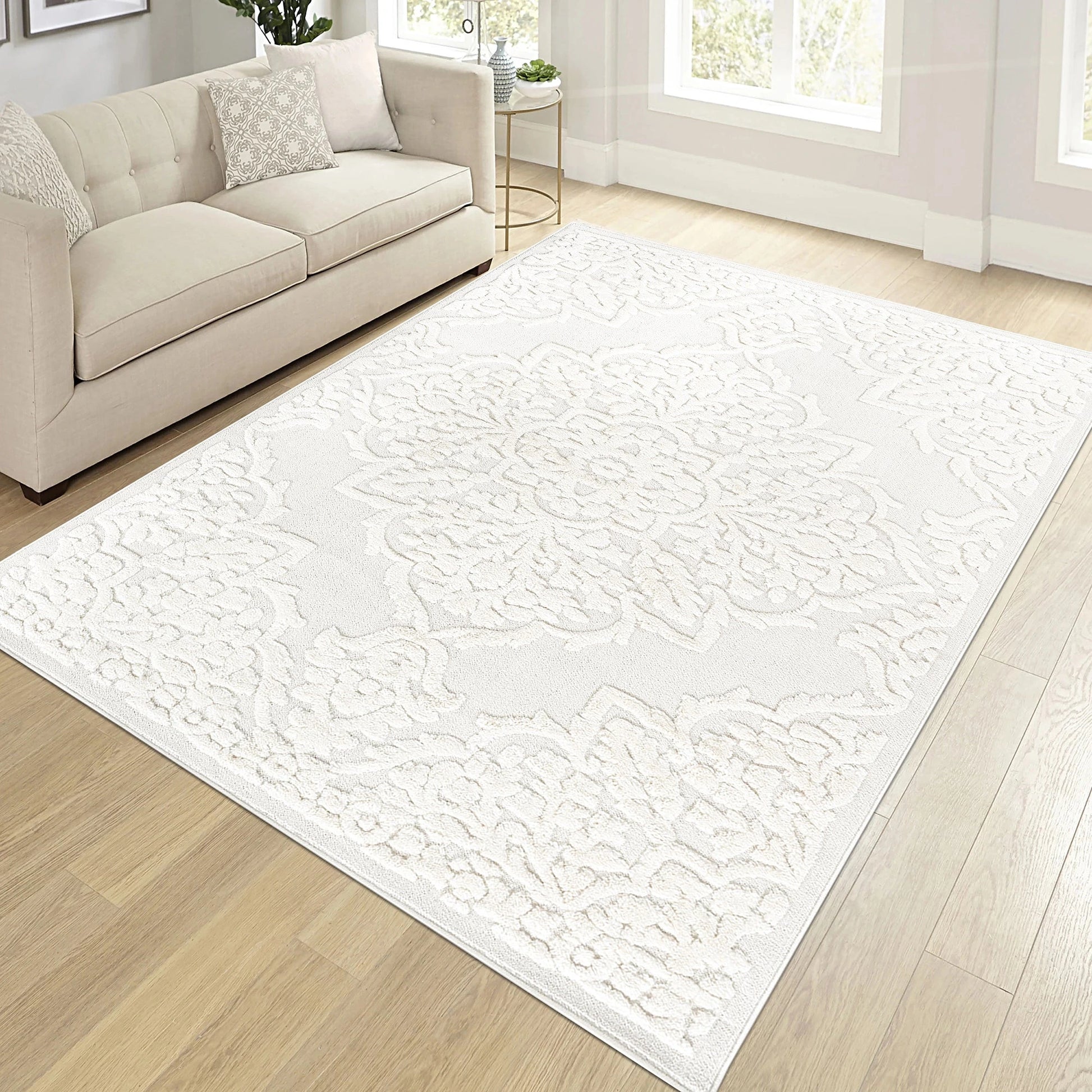 Step Medallion Cream/Cream High-Low Area Rug