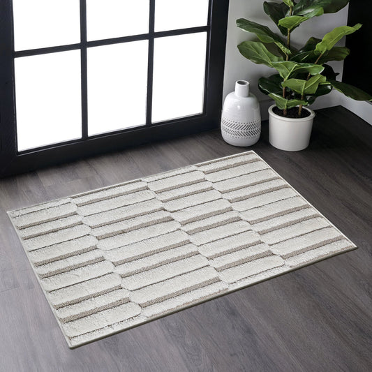 Step Striped Beige/Cream High-Low Area Rug