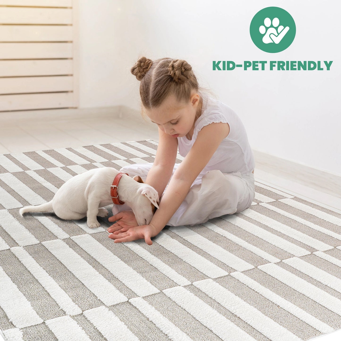 Step Striped Beige/Cream High-Low Area Rug