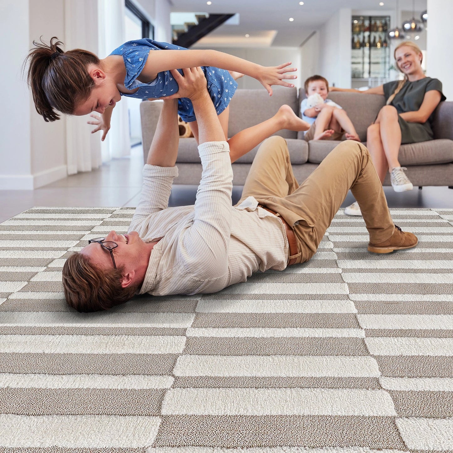 Step Striped Beige/Cream High-Low Area Rug