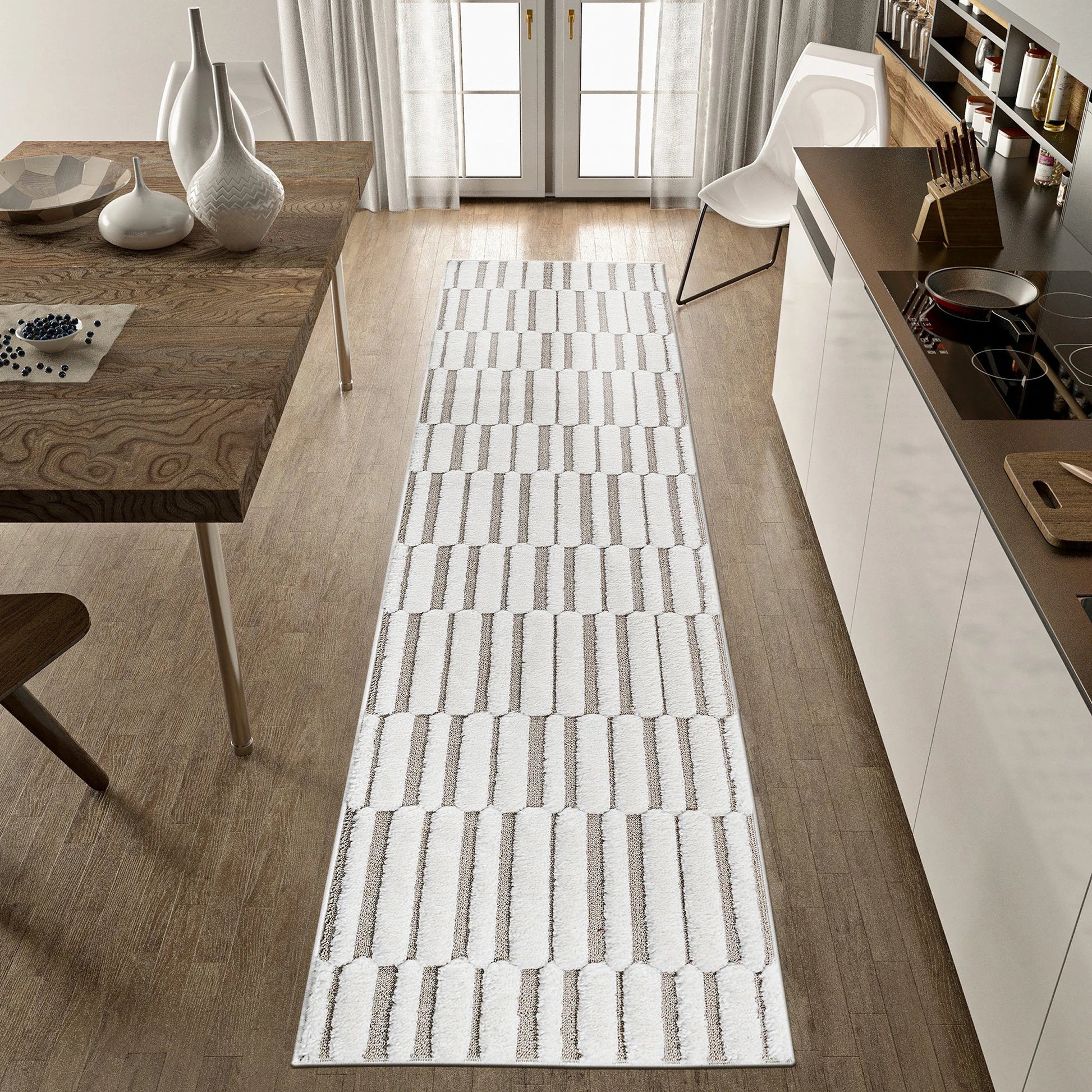 Step Striped Beige/Cream High-Low Area Rug
