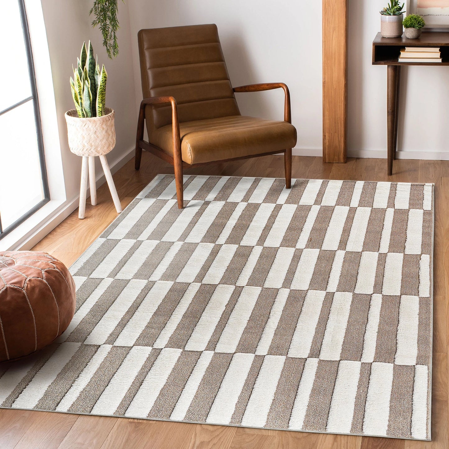 Step Striped Beige/Cream High-Low Area Rug