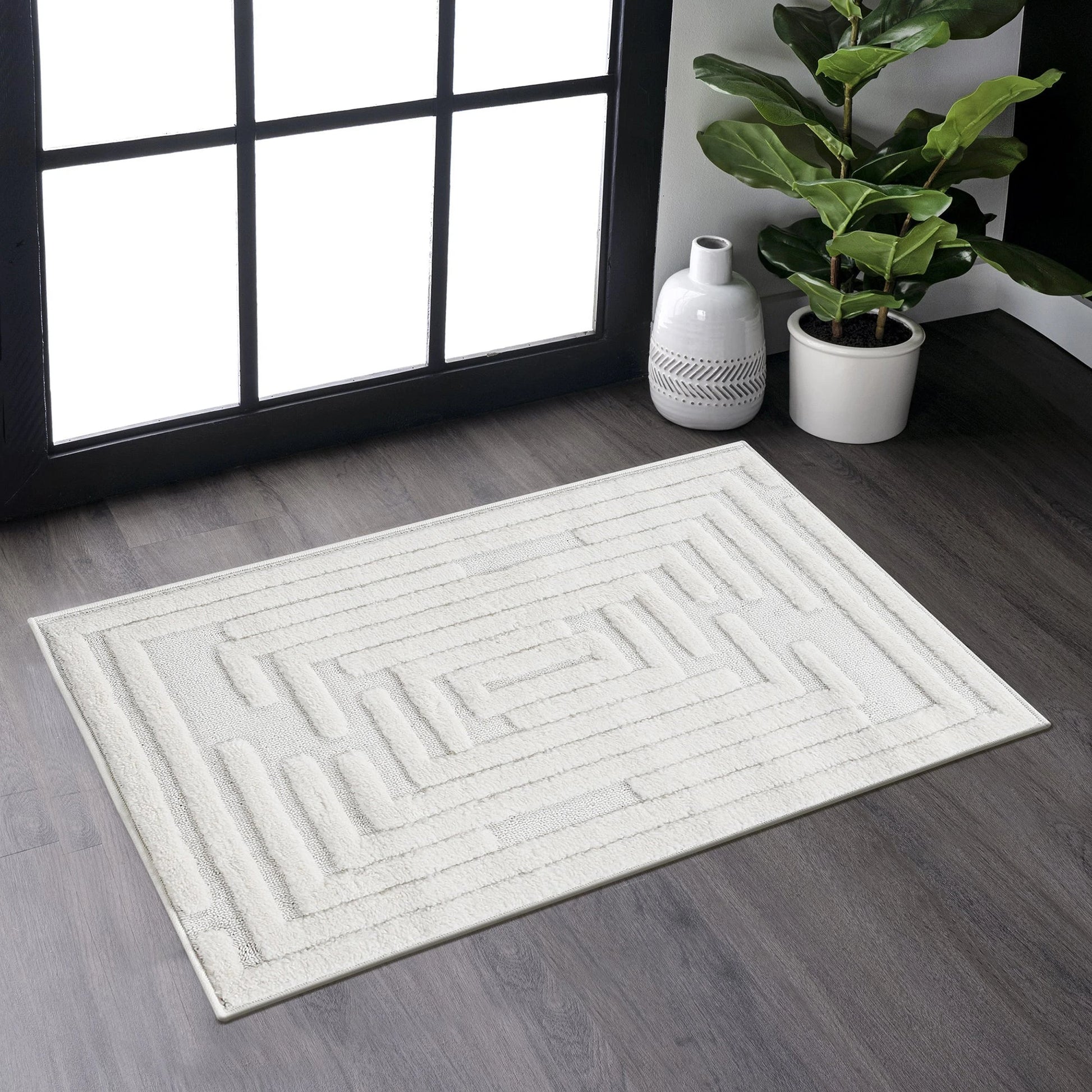 Step Striped Cream High-Low Area Rug