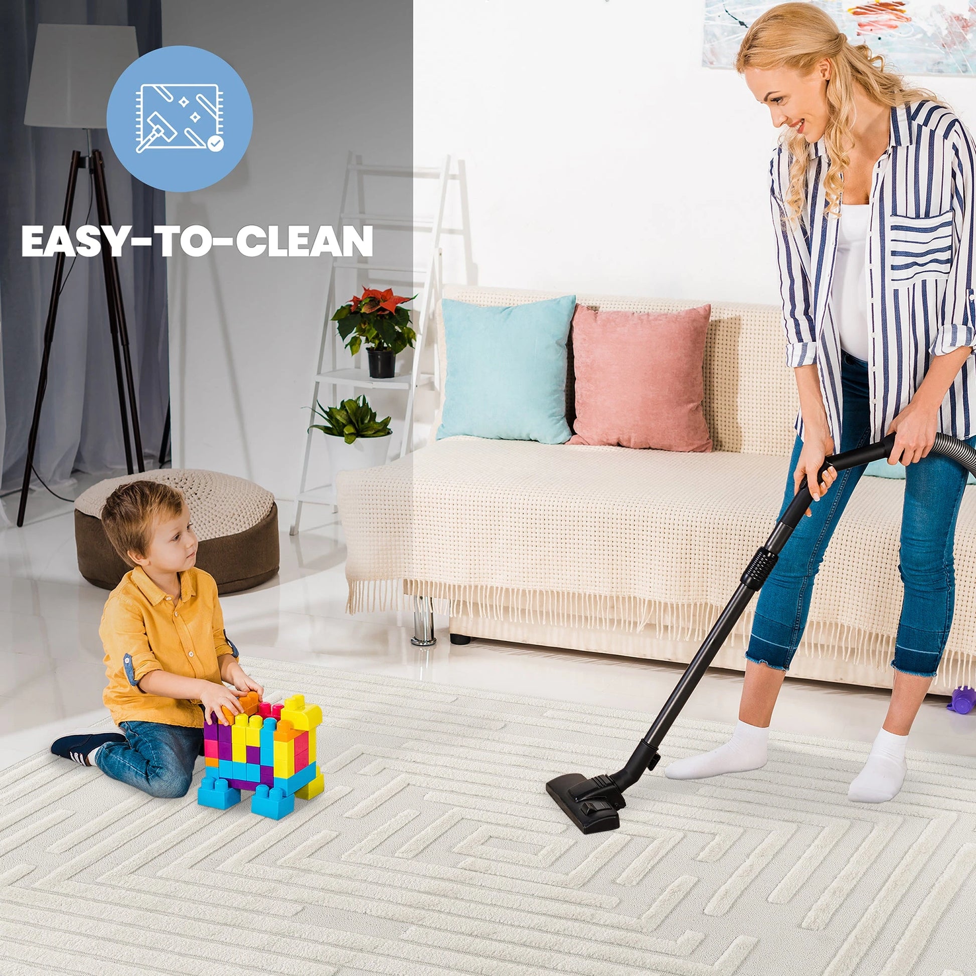 Step Striped Cream High-Low Area Rug