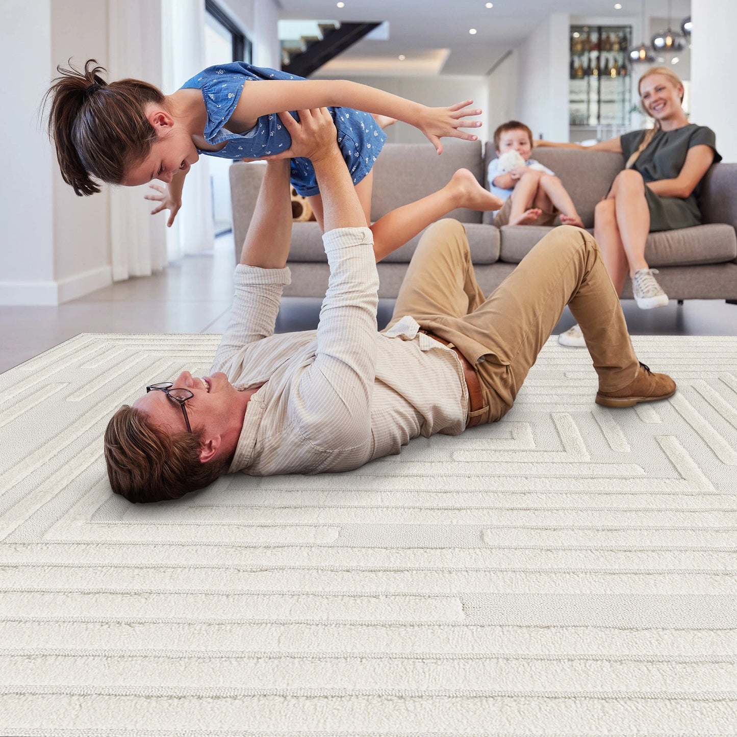 Step Striped Cream High-Low Area Rug