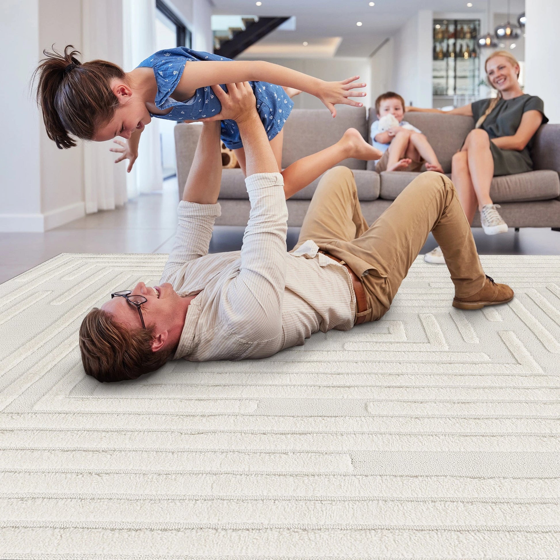 Step Striped Cream High-Low Area Rug
