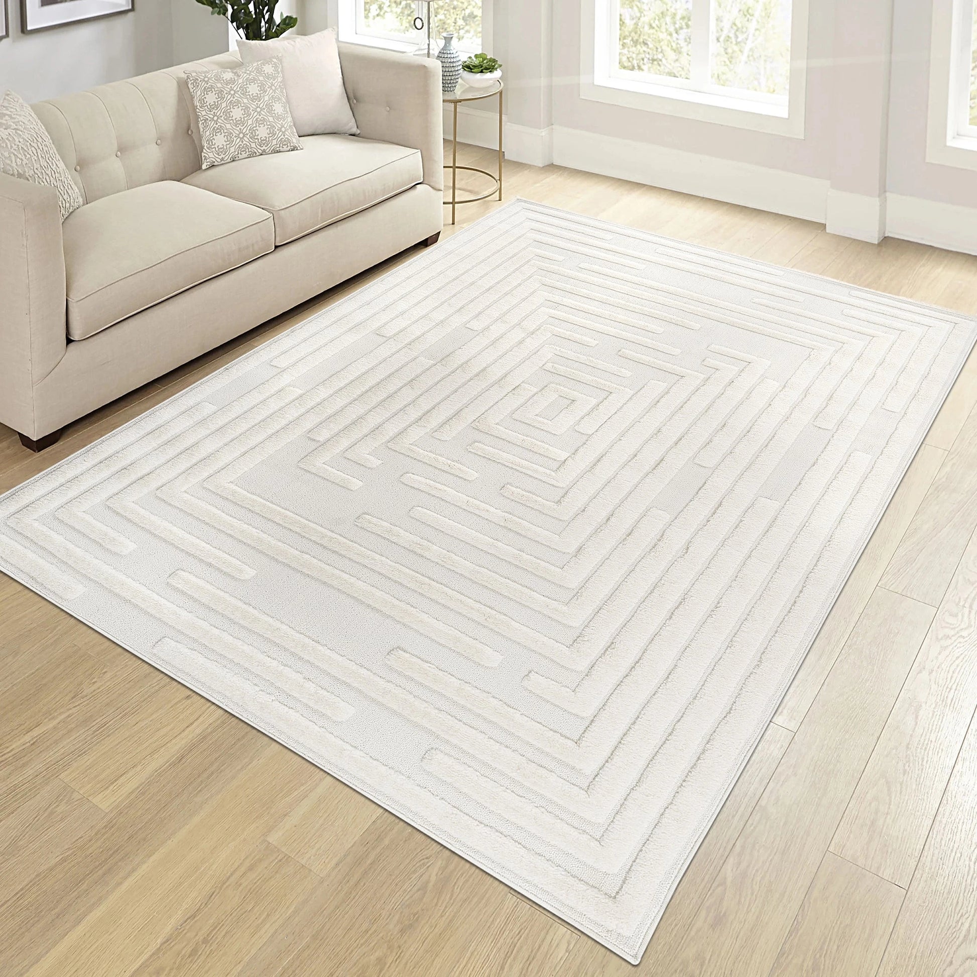 Step Striped Cream High-Low Area Rug