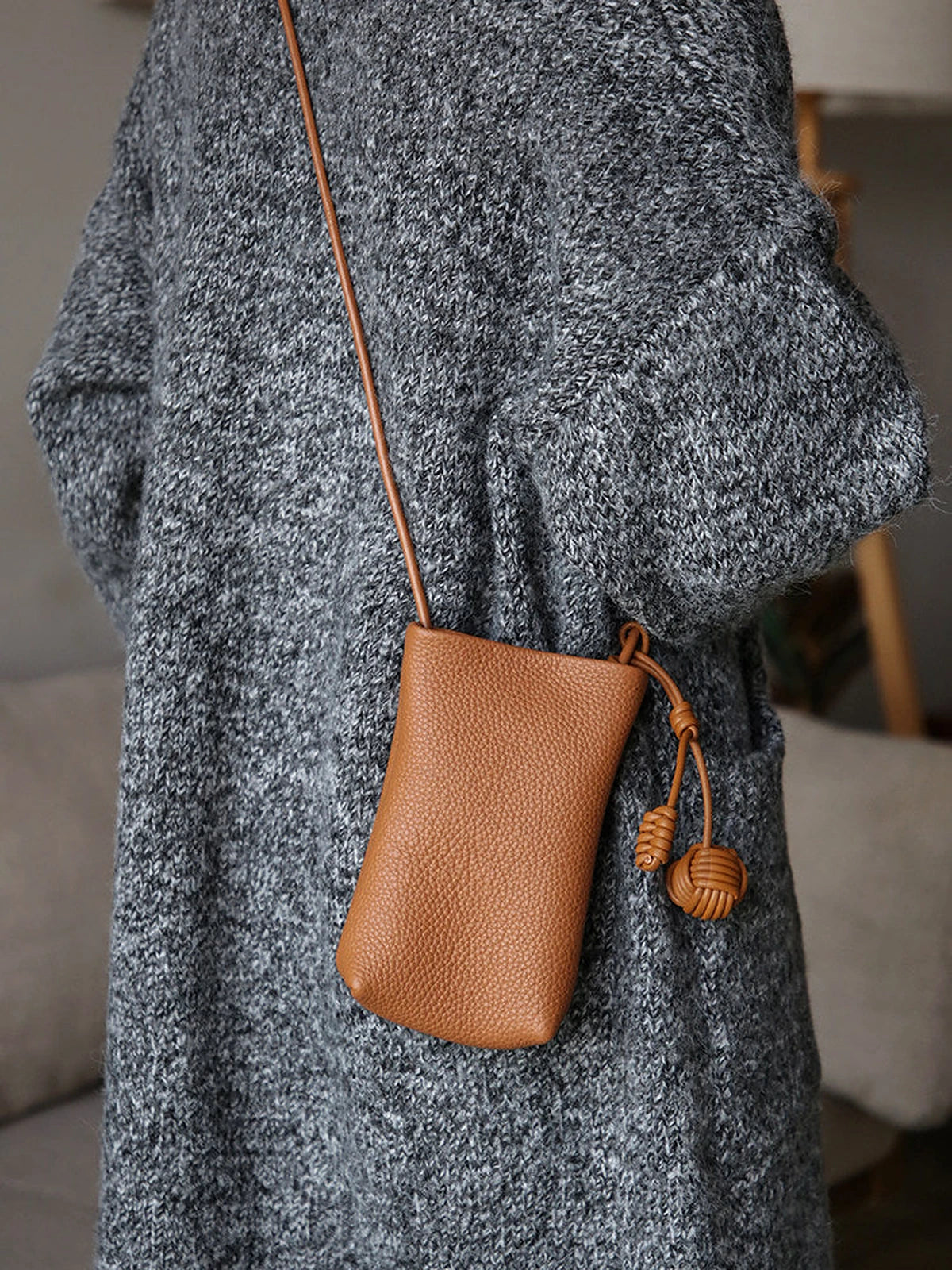 Women's top-grain cowhide mini phone crossbody bag in Cognac Brown