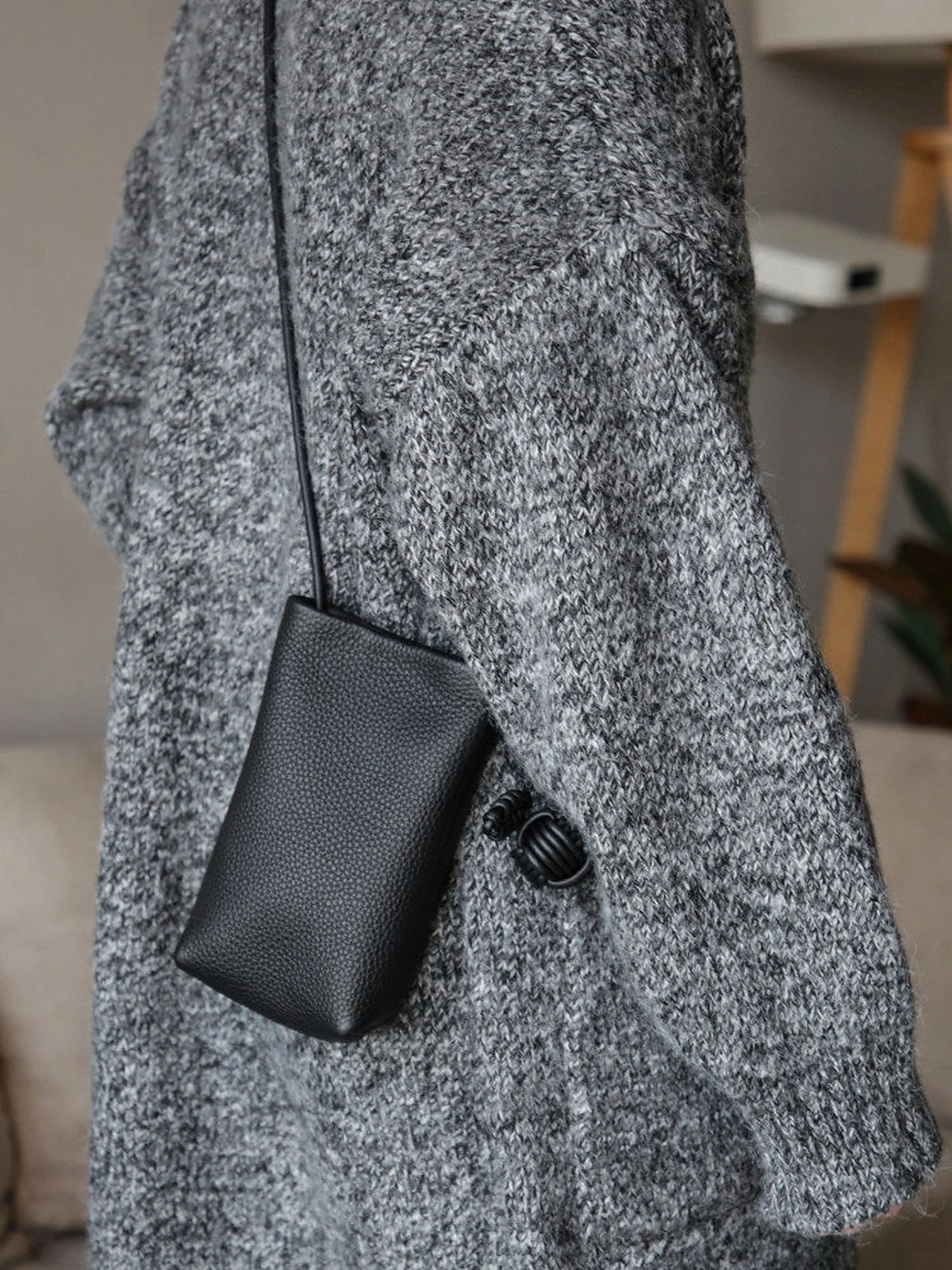 Black top-grain cowhide mini phone crossbody bag
