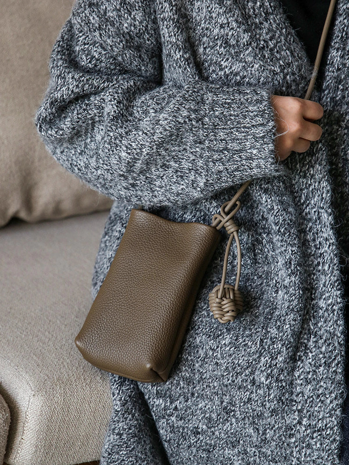 Dove Gray top-grain cowhide phone crossbody bag detail