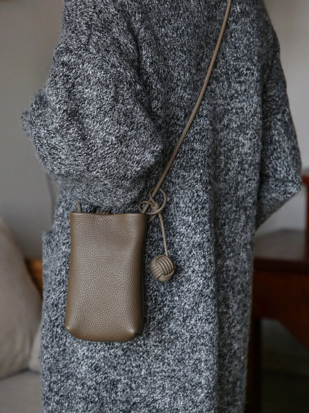 Dove Gray leather phone pouch worn crossbody