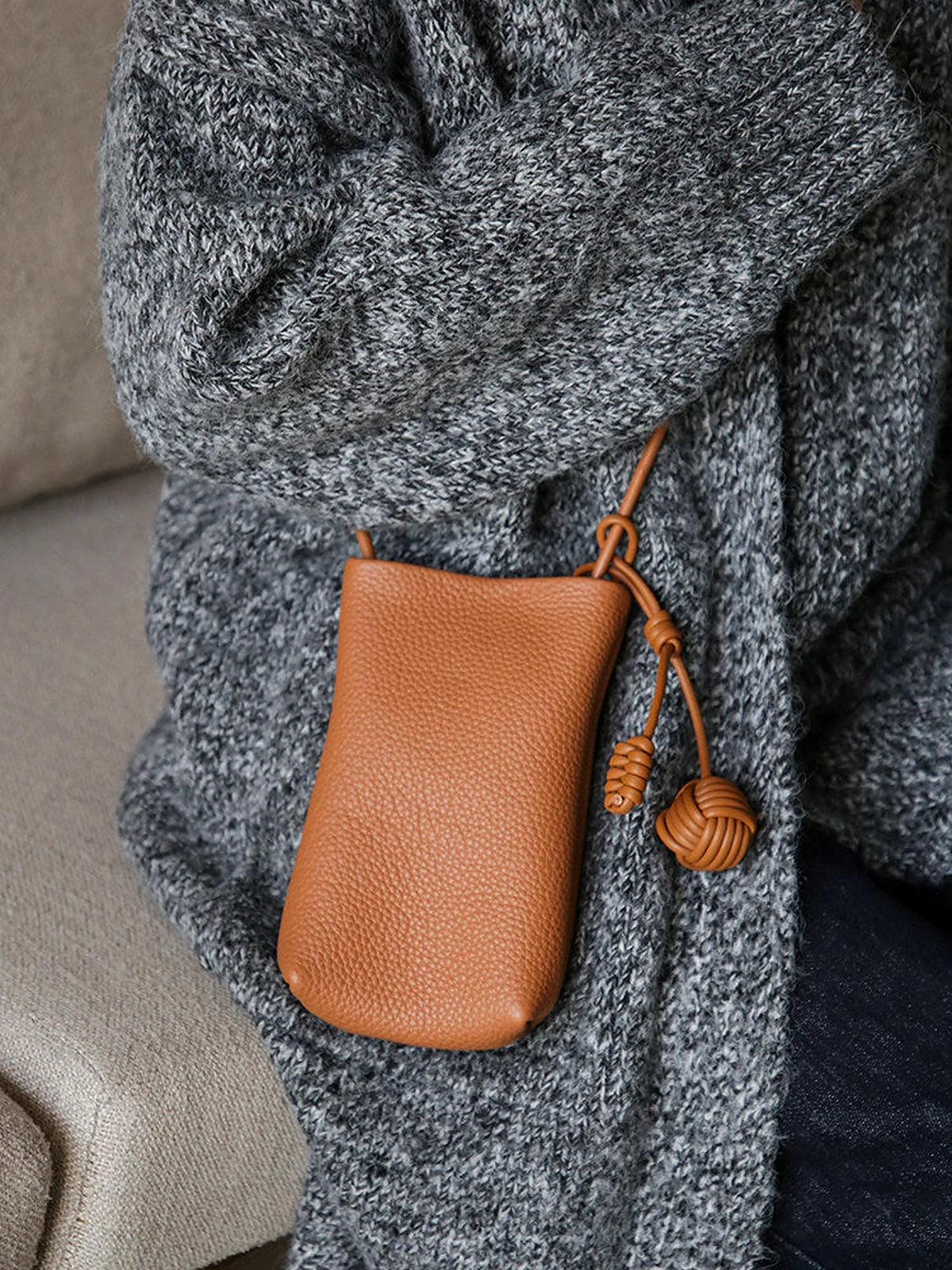 Cognac Brown top-grain cowhide phone crossbody bag detail