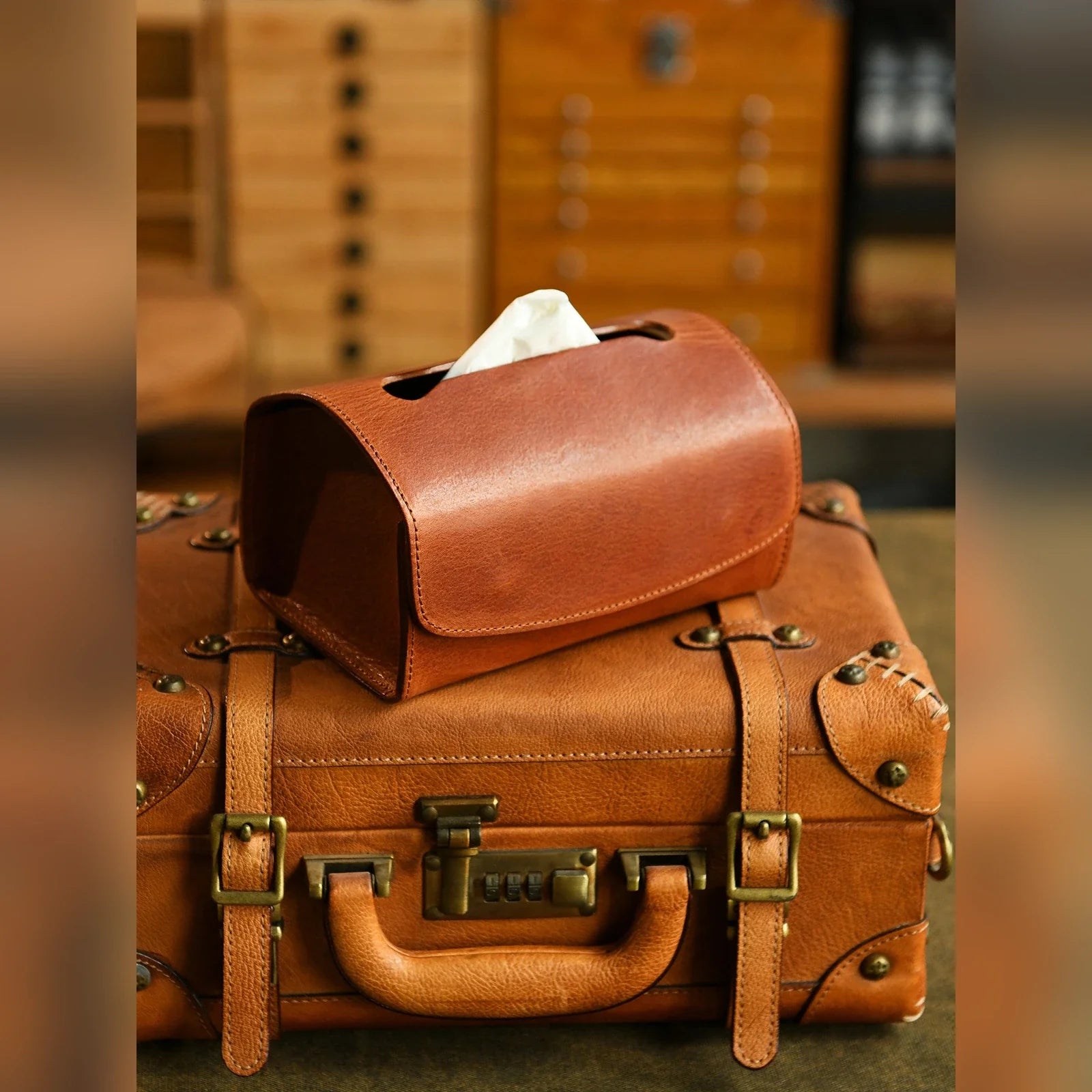 Handcrafted top-grain cowhide tissue box cover in a heritage interior