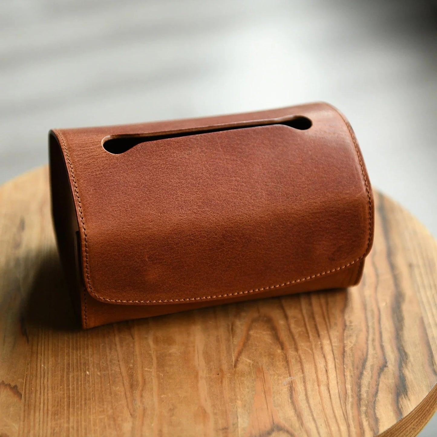 Light Brown top-grain cowhide tissue box cover showing natural grain and stitching
