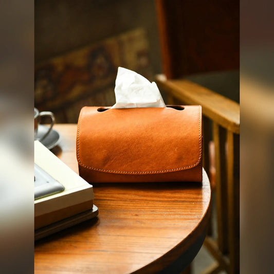 Front lifestyle view of the Sunset Tan top-grain cowhide tissue box cover