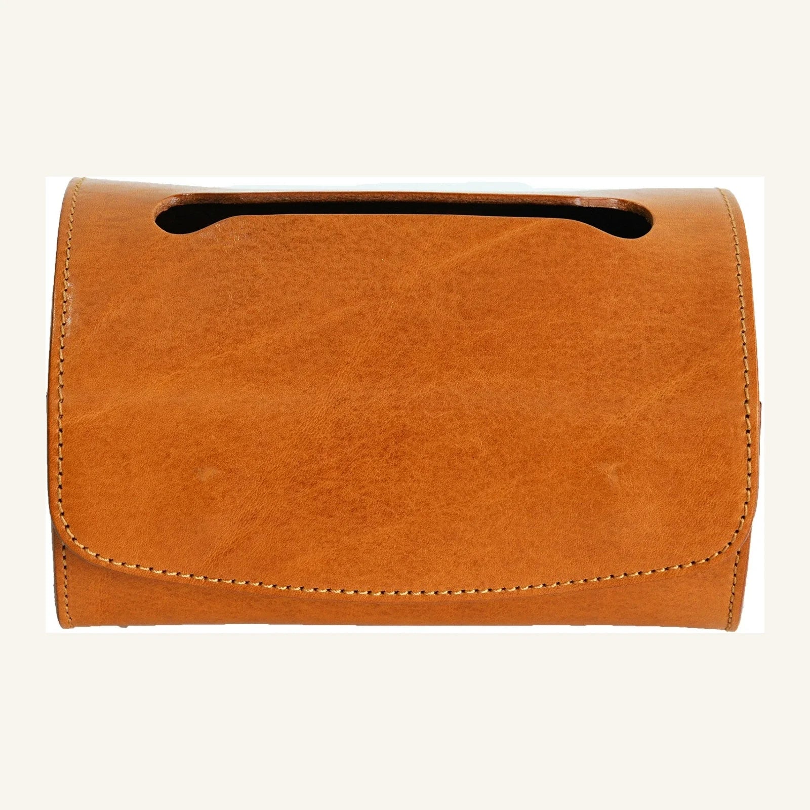 Studio front view of the Sunset Tan leather tissue box cover