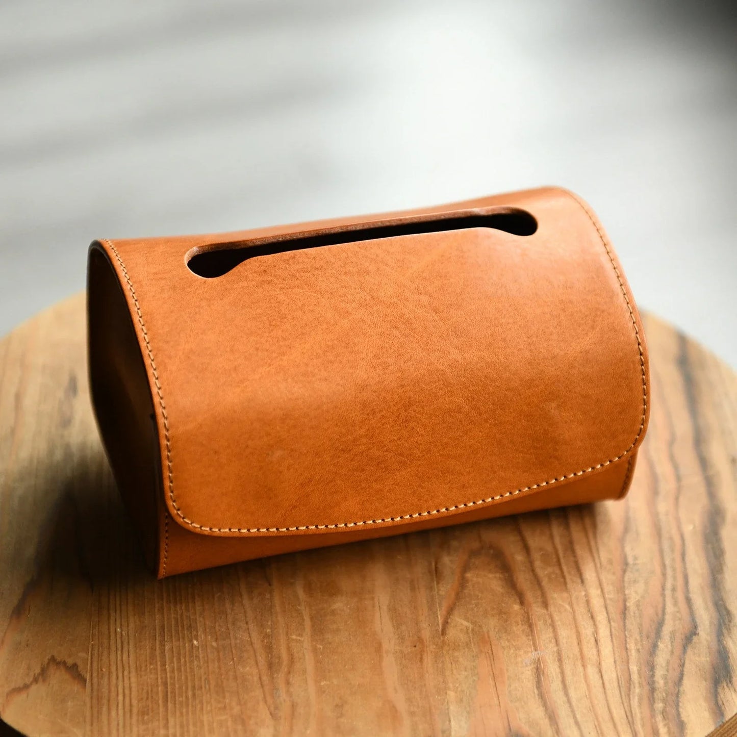 Sunset Tan top-grain cowhide tissue box cover showing natural grain and stitching
