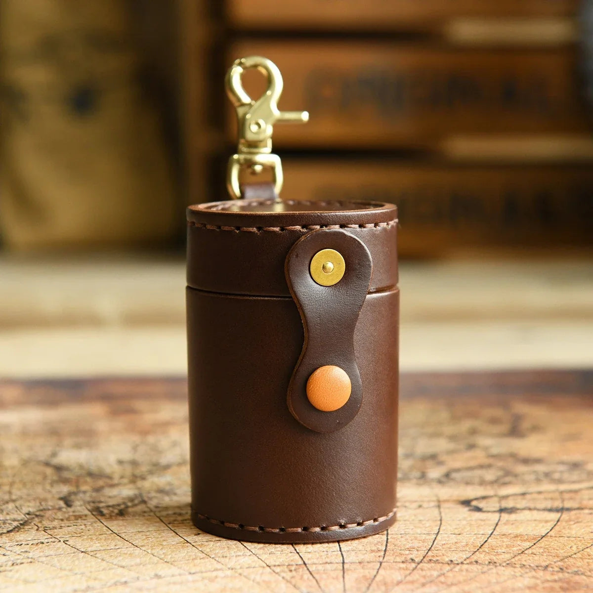 Coffee Brown leather cylindrical storage case with hook